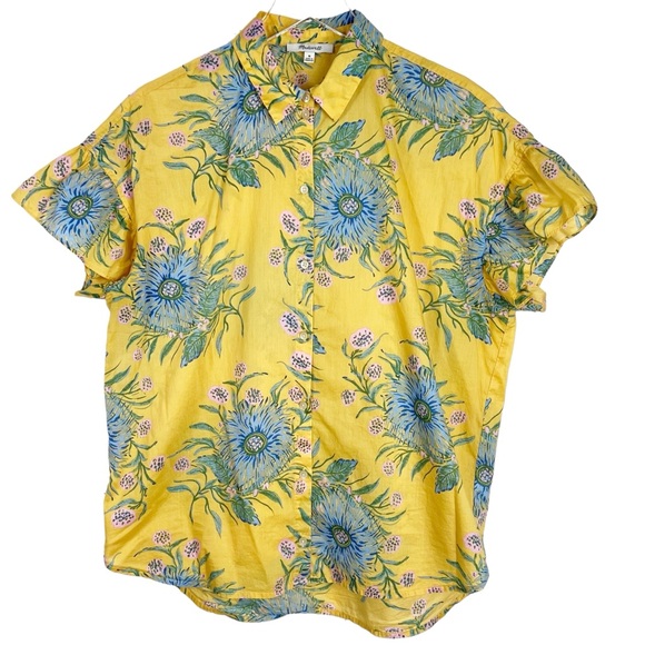 MADEWELL Ruffle Sleeve Button Down Shirt in Painted Blooms Size Medium - Picture 2 of 12